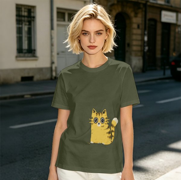 Olive Green T-Shirt With Surprised Yellow Tabby Cat Graphic