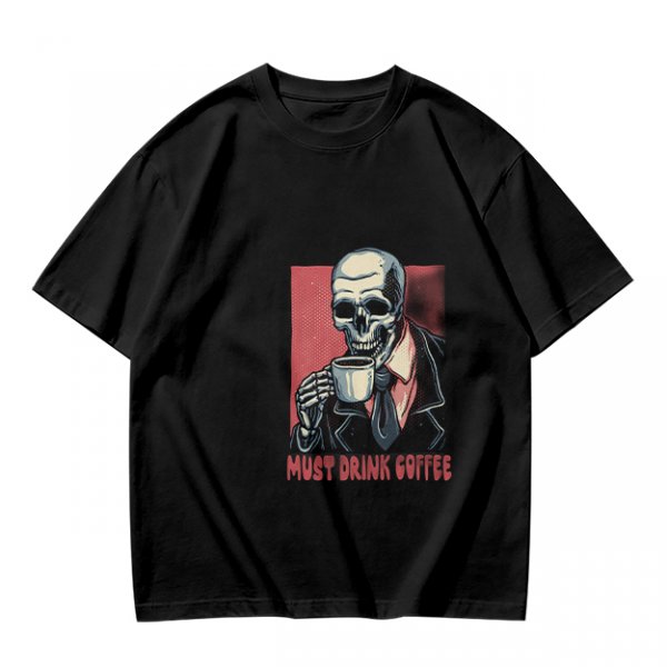 Olive T-shirt with Skeleton Drinking Coffee Must Drink Coffee Print