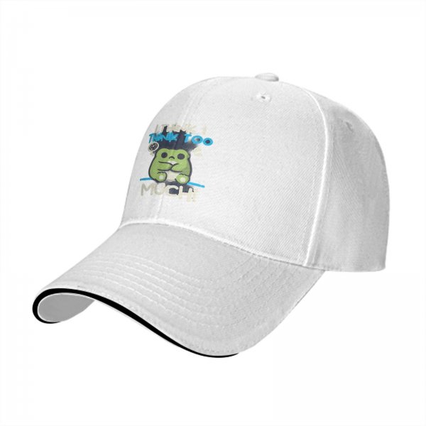 Black baseball cap with 'I think I think too much' anxious frog graphic