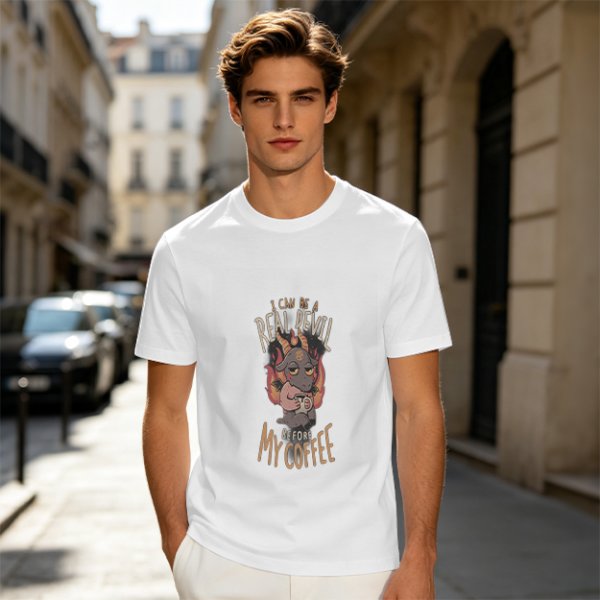Olive graphic t-shirt with 'I can be a real devil before my coffee' print