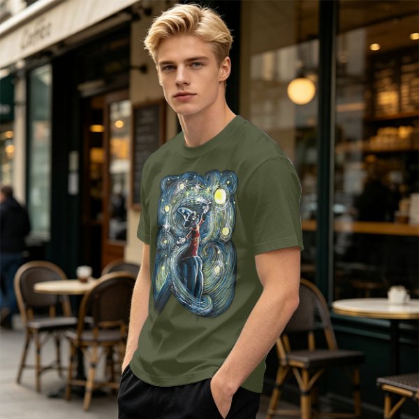 Olive T-Shirt With Sorcerer Mickey Starry Night Artwork