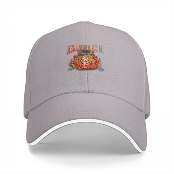 Black baseball cap with flame devil fruit graphic and text