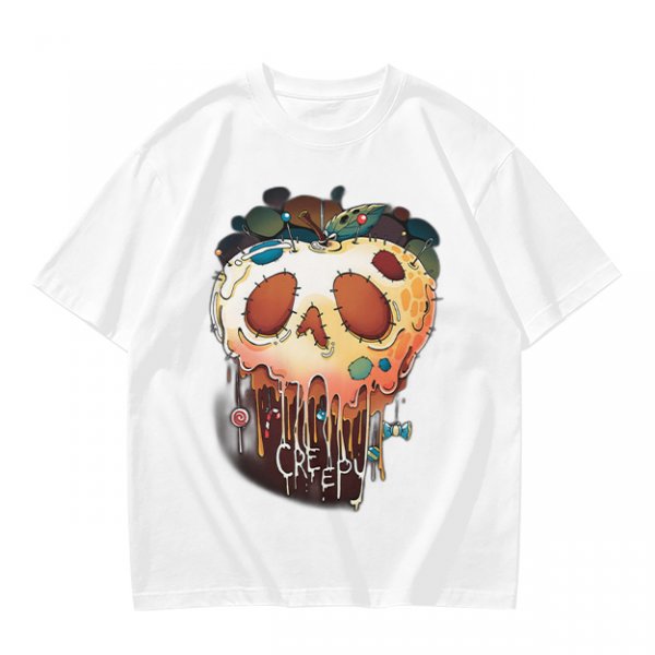 Olive Green T-Shirt With Creepy Melting Skull Apple Graphic