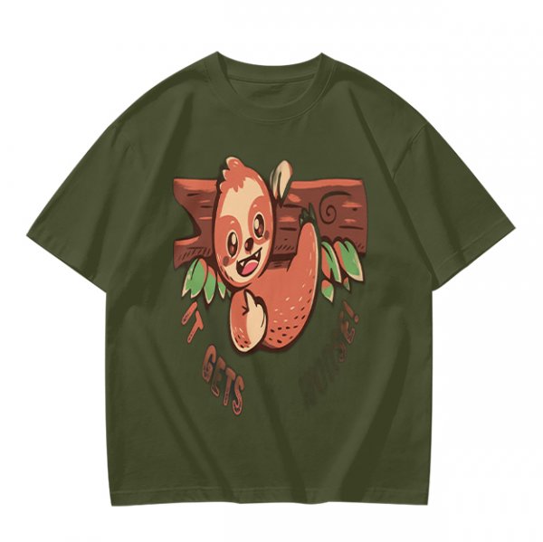 Olive T-Shirt with Cute Sloth 'It Gets Better' Graphic Print