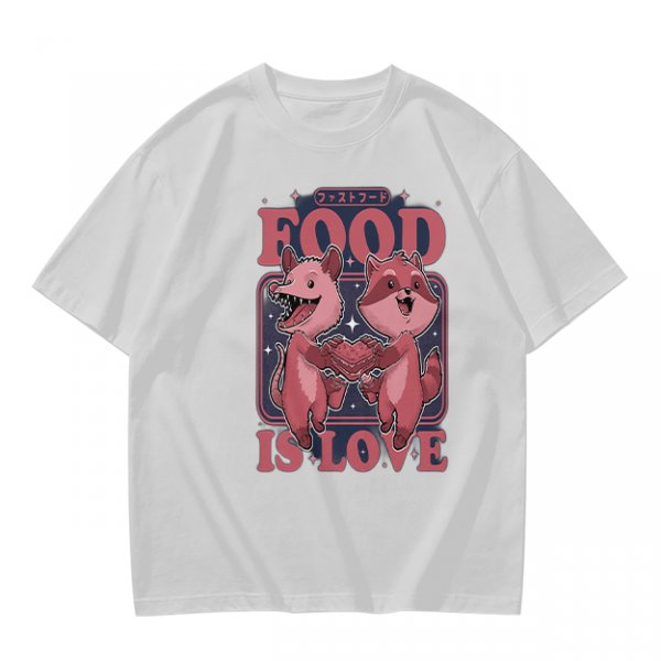 Olive graphic t-shirt with food is love and cartoon animal design