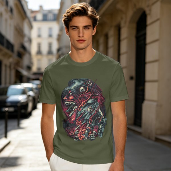 Olive T-Shirt With Dark Fantasy Skull And Monster Graphic Print