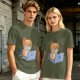 Olive T-Shirt With Cute Orange Cat Working On Laptop Print