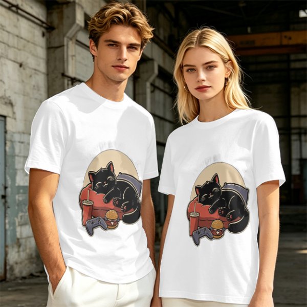 Olive T-Shirt with Relaxed Black Cat Gaming Snack Print