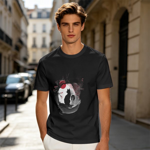 Olive T-Shirt with Japanese Style Cat and Red Sun Art Print