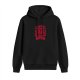Black hoodie with red metal font live laugh love graphic
