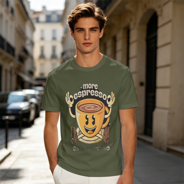 Oversized Olive T-Shirt with Retro Espresso Coffee Mascot Graphic