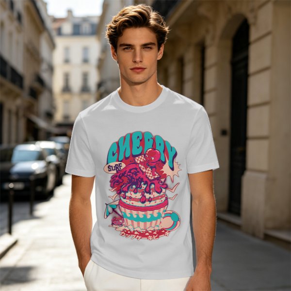 Olive T-shirt with Cherry Surf Cupcake Beach Graphic Print