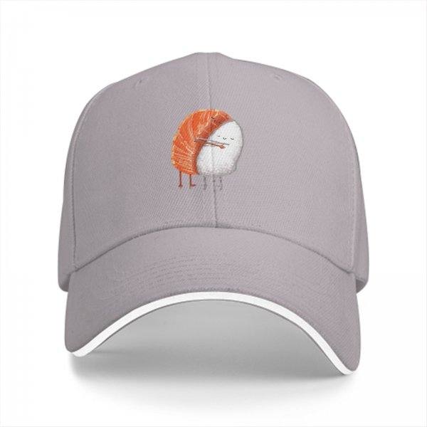Black Baseball Cap With Cute Salmon Sushi Character Print