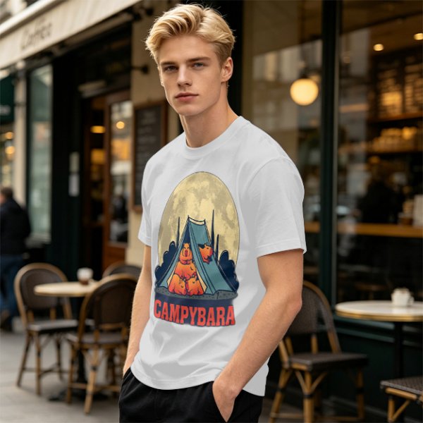 Capybara Camping Tent Full Moon Graphic T-Shirt