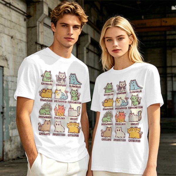 Olive green t-shirt with cute mythical monster cat graphic prints