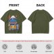 Olive t-shirt with cat ramen stall and Mount Fuji graphic