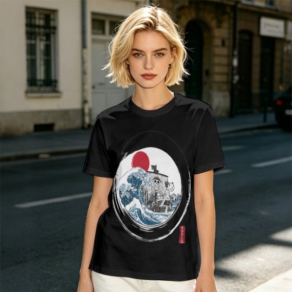 Olive T-shirt with Great Wave Enso Circle and Red Sun Print