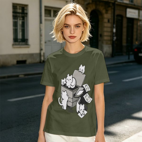 Olive T-Shirt With Playful Cats Emerging From Printer Graphic