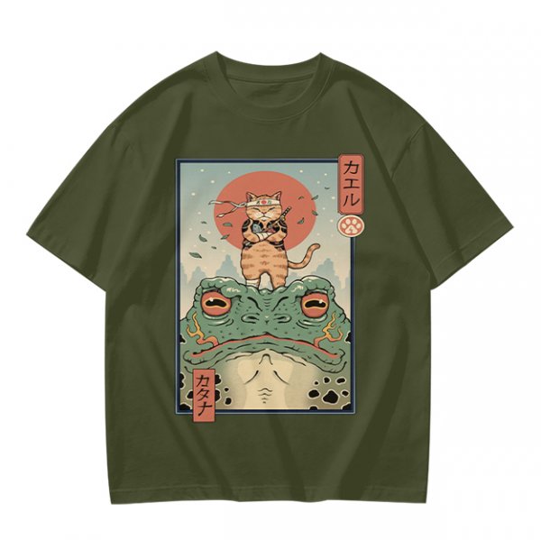 Olive T-shirt with Samurai Cat Riding Giant Frog Japanese Art Print