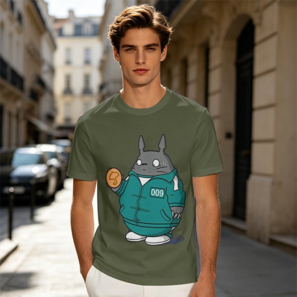 Totoro in Squid Game tracksuit holding umbrella honeycomb cookie t-shirt