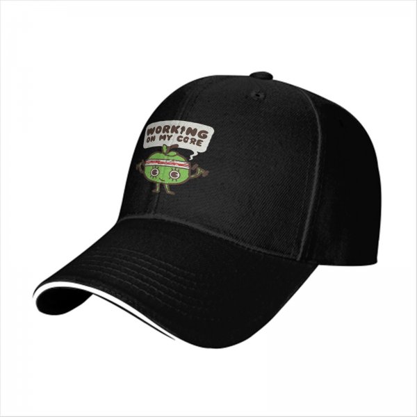 Black baseball cap with 'Working On My Core' fitness apple graphic
