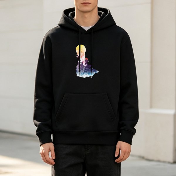 Black Hoodie With Watercolor Moon And Figure Art Print