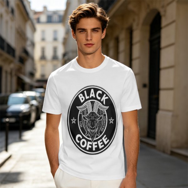 Olive green t-shirt with black goat head and Black Coffee graphic