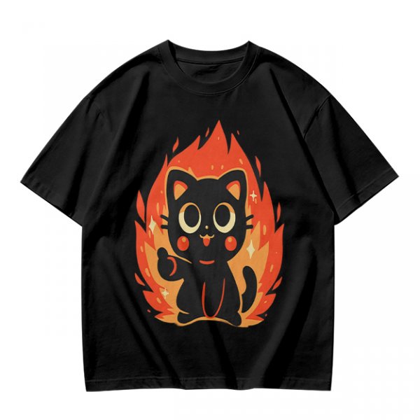 Olive T-Shirt With Cute Black Cat Thumbs Up On Flames Graphic