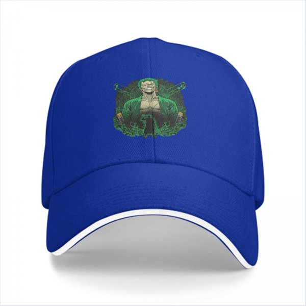 Black baseball cap with One Piece Roronoa Zoro graphic print