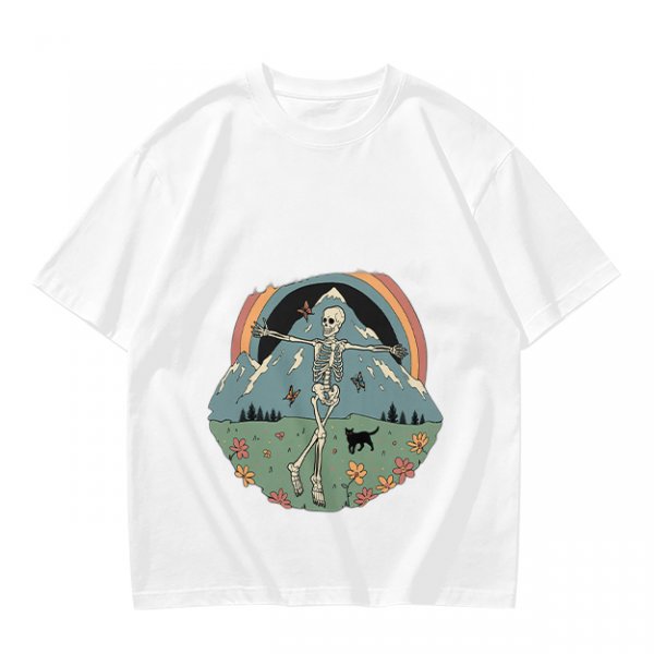 Olive T-shirt with Dancing Skeleton Mountain Rainbow Cat Graphic