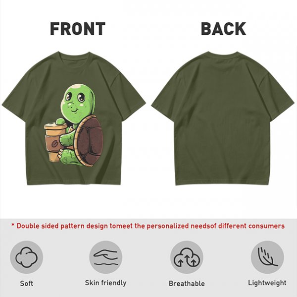 Olive Green T-Shirt With Cute Turtle Holding Coffee Cup Print