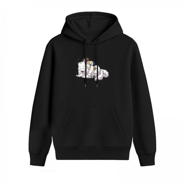 Black hoodie with a cartoon of a child resting on a large fluffy white dog