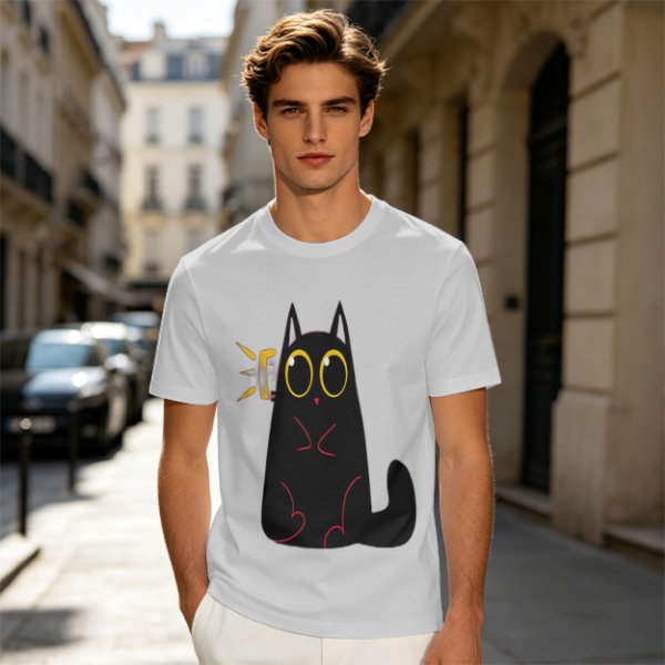 Olive Green T-Shirt With Surprised Black Cat Graphic Print