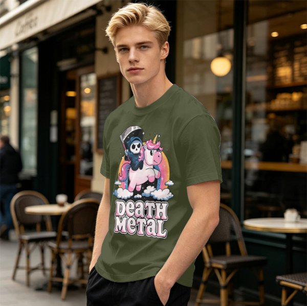 Olive t-shirt with cute grim reaper riding unicorn and death metal graphic