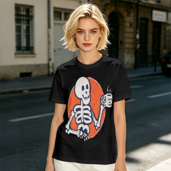 Olive Skeleton Holding Coffee Mug Graphic T-Shirt