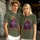 Olive t-shirt with skeleton religious graphic and Ecclesia Grayskullis text