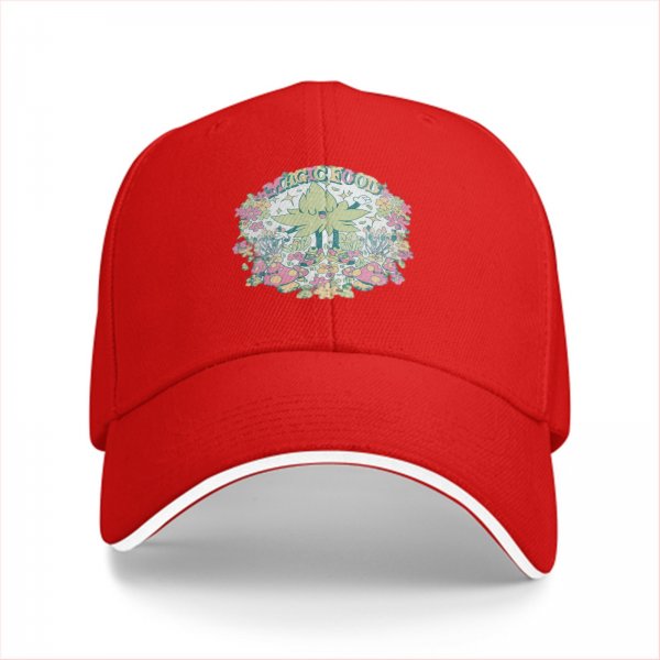Black baseball cap with whimsical magical plant and mushroom graphic