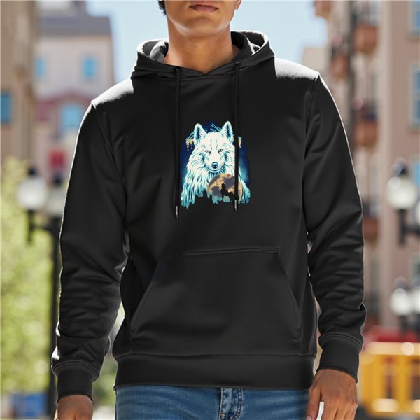 Black Hoodie With White Wolf And Moon Graphic Print