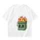 Olive green t-shirt with a cartoon burning box graphic