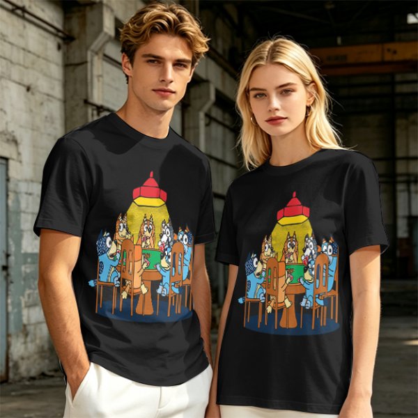 Olive green t-shirt with cartoon dogs playing poker under a hanging lamp