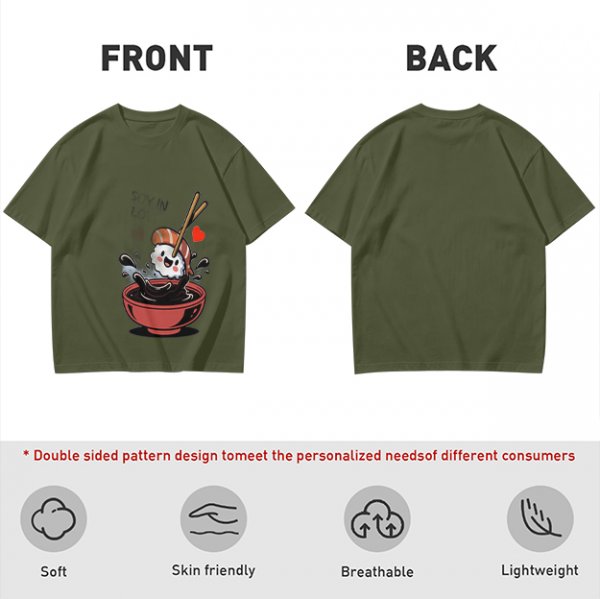 Olive T-shirt with Cute Sushi Dipping in Soy Sauce Graphic
