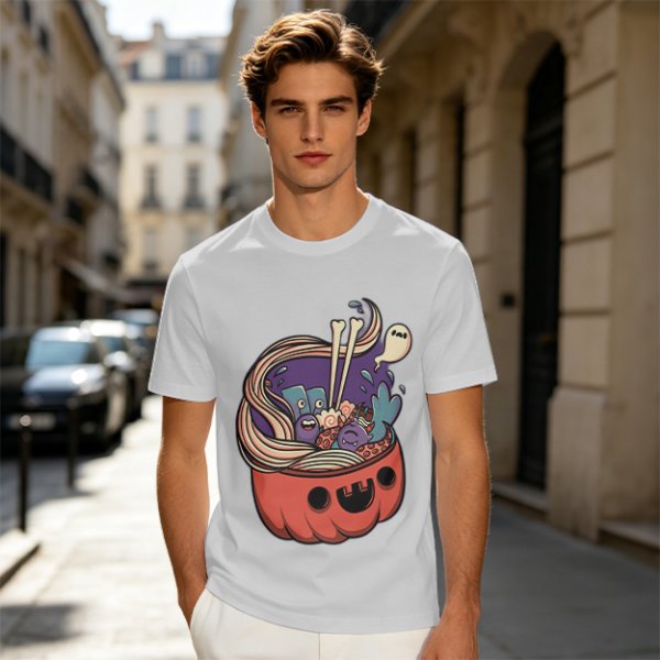 Halloween pumpkin ramen bowl with cute monster graphic t-shirt