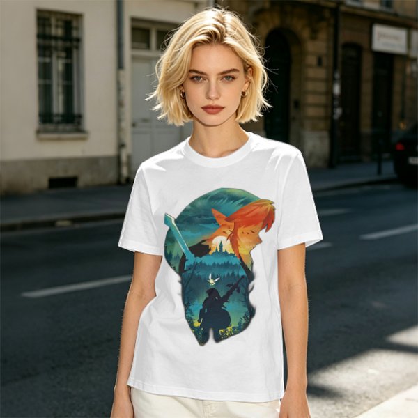 Olive green t-shirt with fantasy warrior silhouette graphic