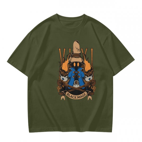 Olive Green T-Shirt with Final Fantasy Black Mage Graphic Print