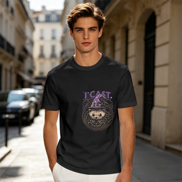Olive green t-shirt with a hedgehog wizard graphic and 'I CAST' text
