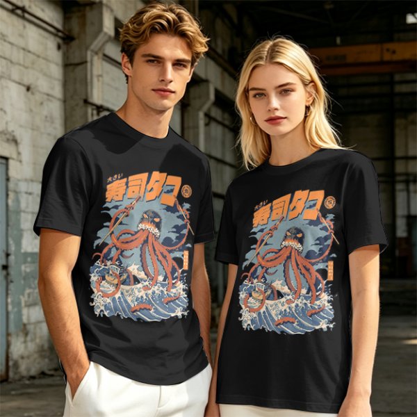 Japanese octopus sushi wave graphic t-shirt design