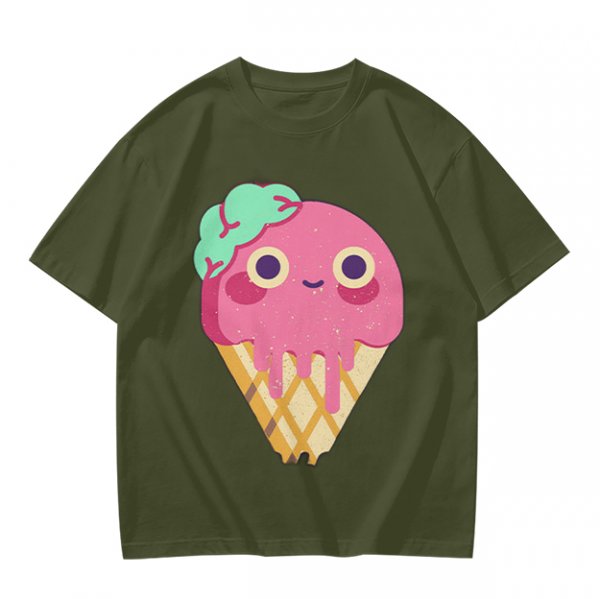 Olive T-Shirt With Cute Melting Pink Ice Cream Cone Graphic