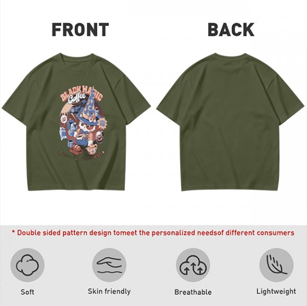 Olive T-Shirt with Black Magic Coffee Wizard Cat Graphic