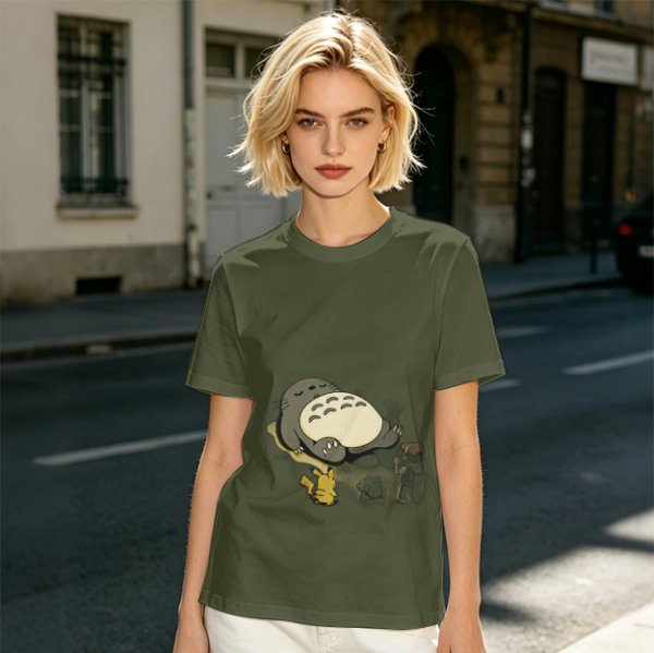 Olive T-shirt with Sleeping Totoro and Crossover Anime Characters Print
