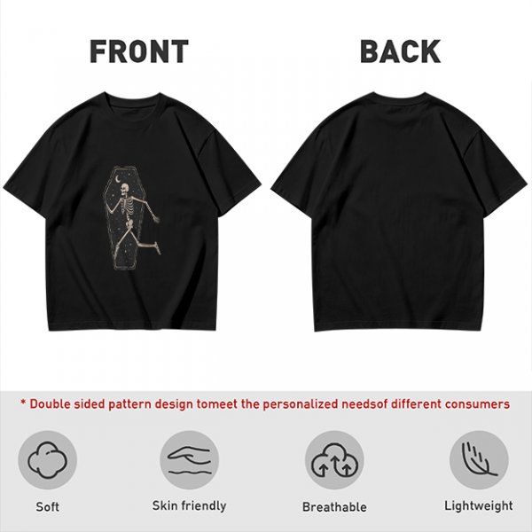 Olive t-shirt with skeleton running from starry coffin graphic